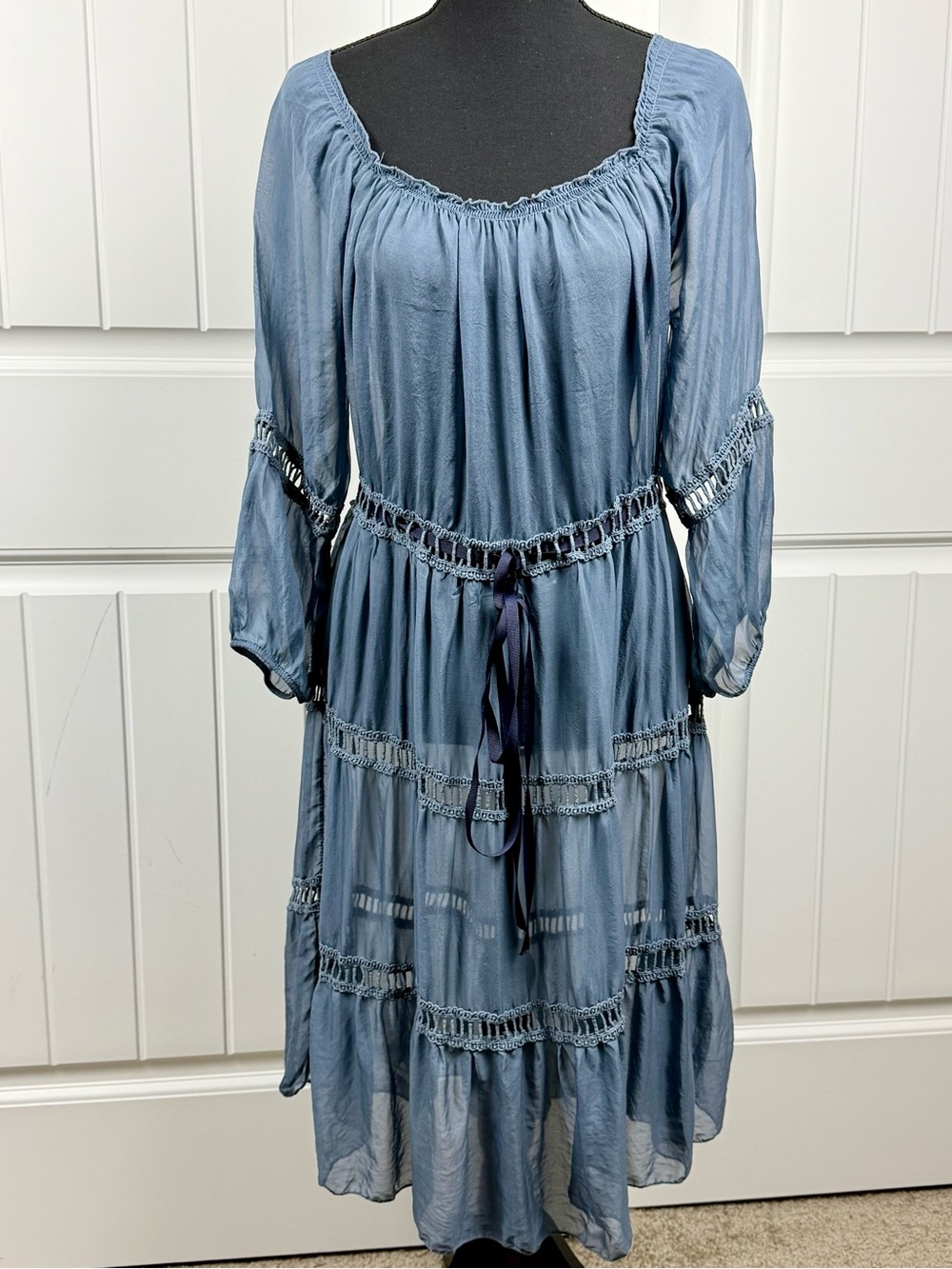 Baci Italy Blue Jean Blue Boho Silk Sheer Tiered Long Sleeve Boho Whimsical XS